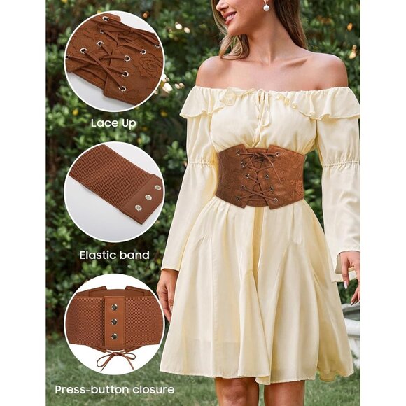 Women's Brown Elastic Stretch Corset Waist Cincher Belt With Press Button - Picture 2 of 7